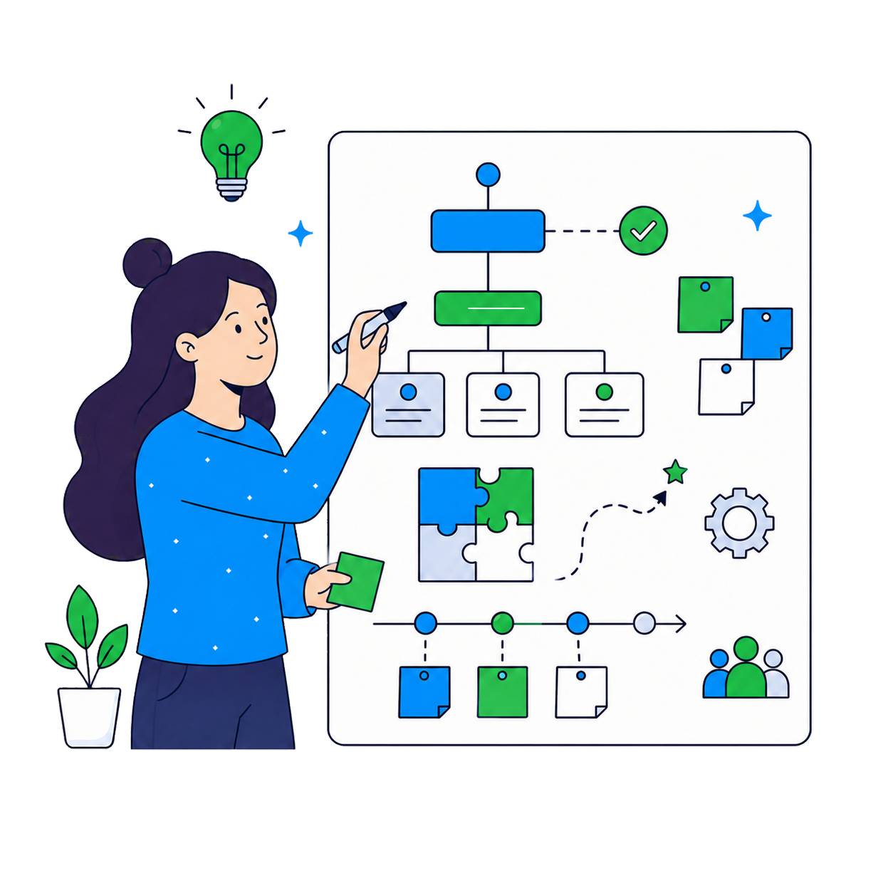 フロー図を使って導入設計を整理する担当者のイラスト